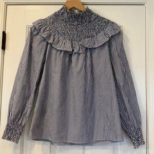 STS Sail to Sable Blue & White Stripe Ruffle Neck Smocked Blouse XS Preppy Coast